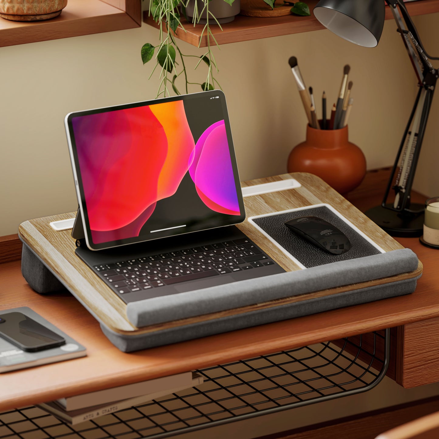 15.6" Laptop Stand with Mouse Pad and Palm Rest, Tablet and Smartphone Slot, Oak