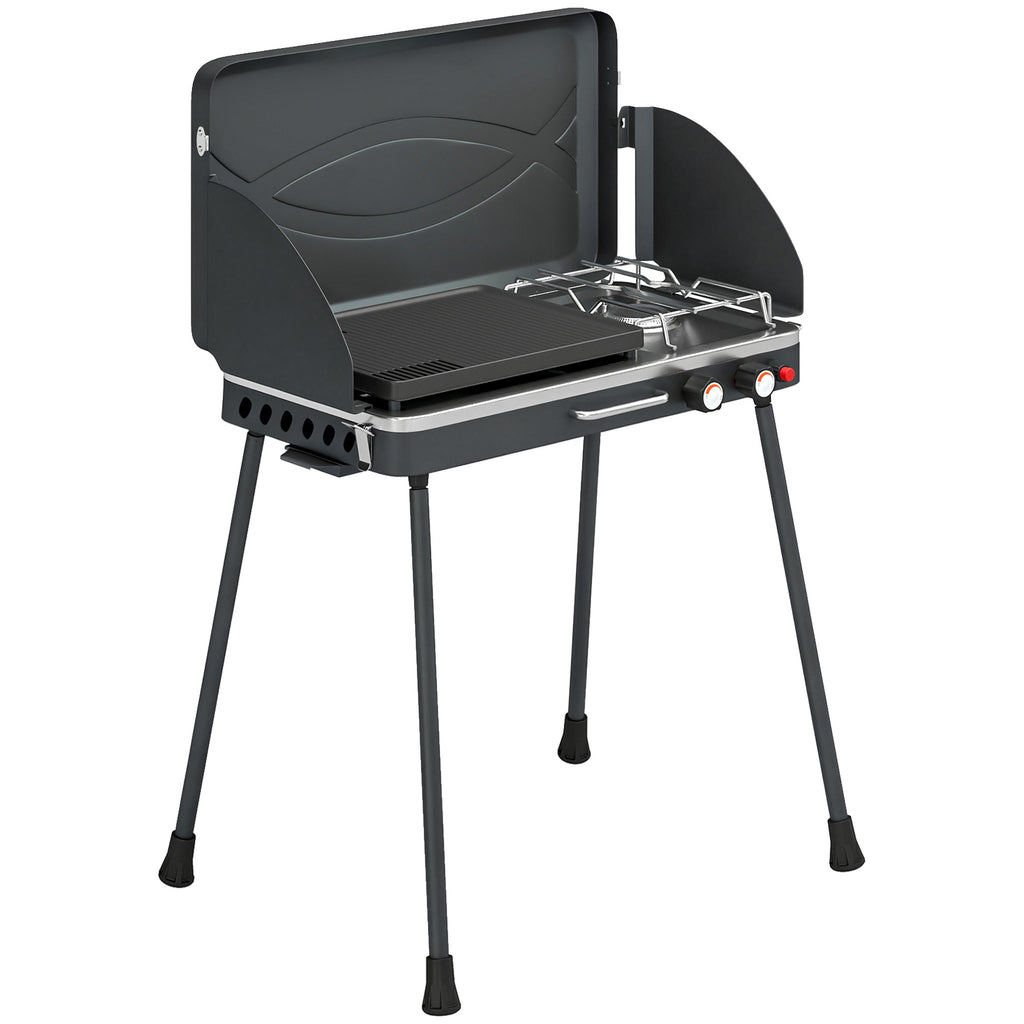 Outsunny 2-in-1 Portable Propane Gas BBQ with Grill and Stove, 7KW, Black