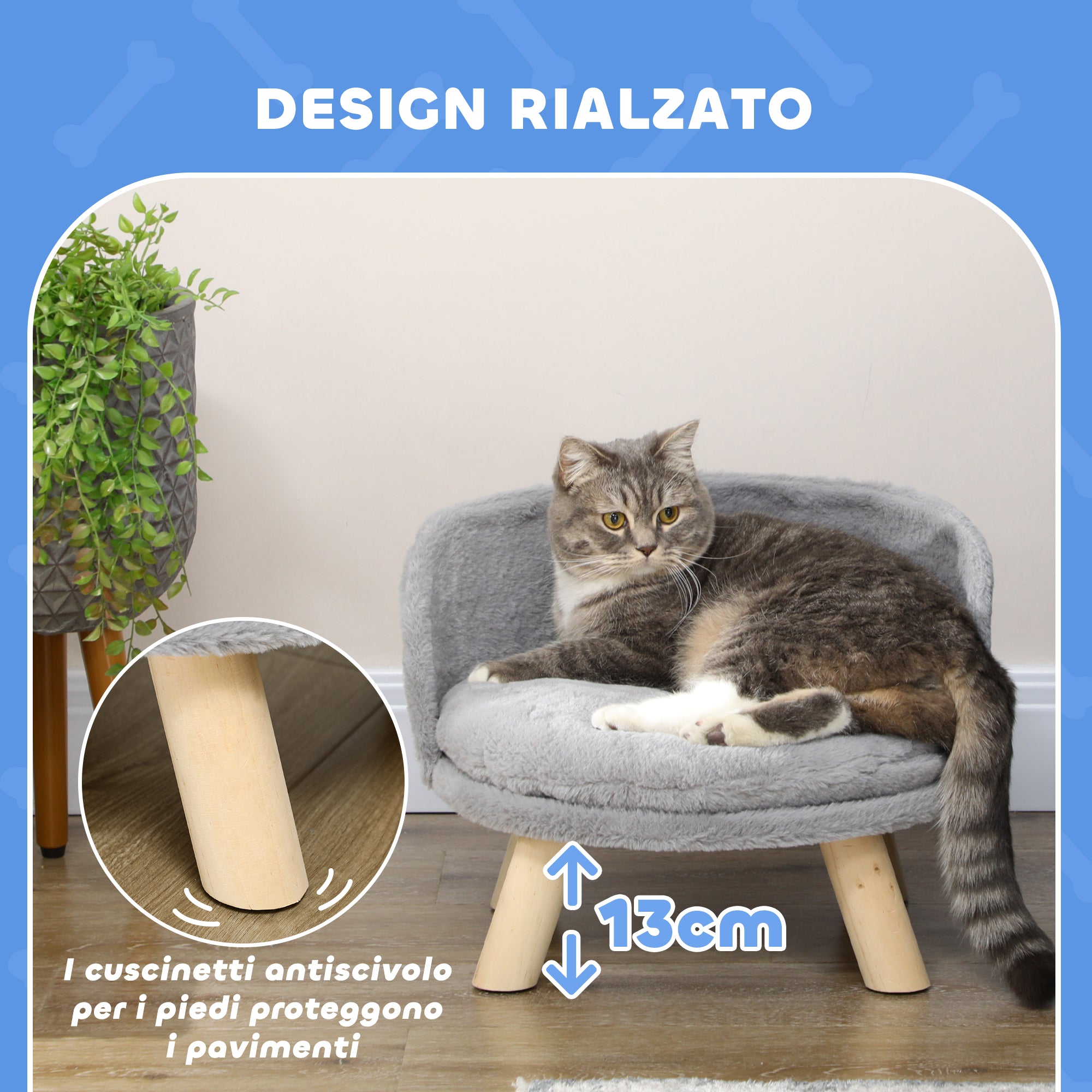 Round Dog Sofa in Plush Fabric and Wood with Extra Cushion, Ø40.5x33 cm, Grey and Wood Color