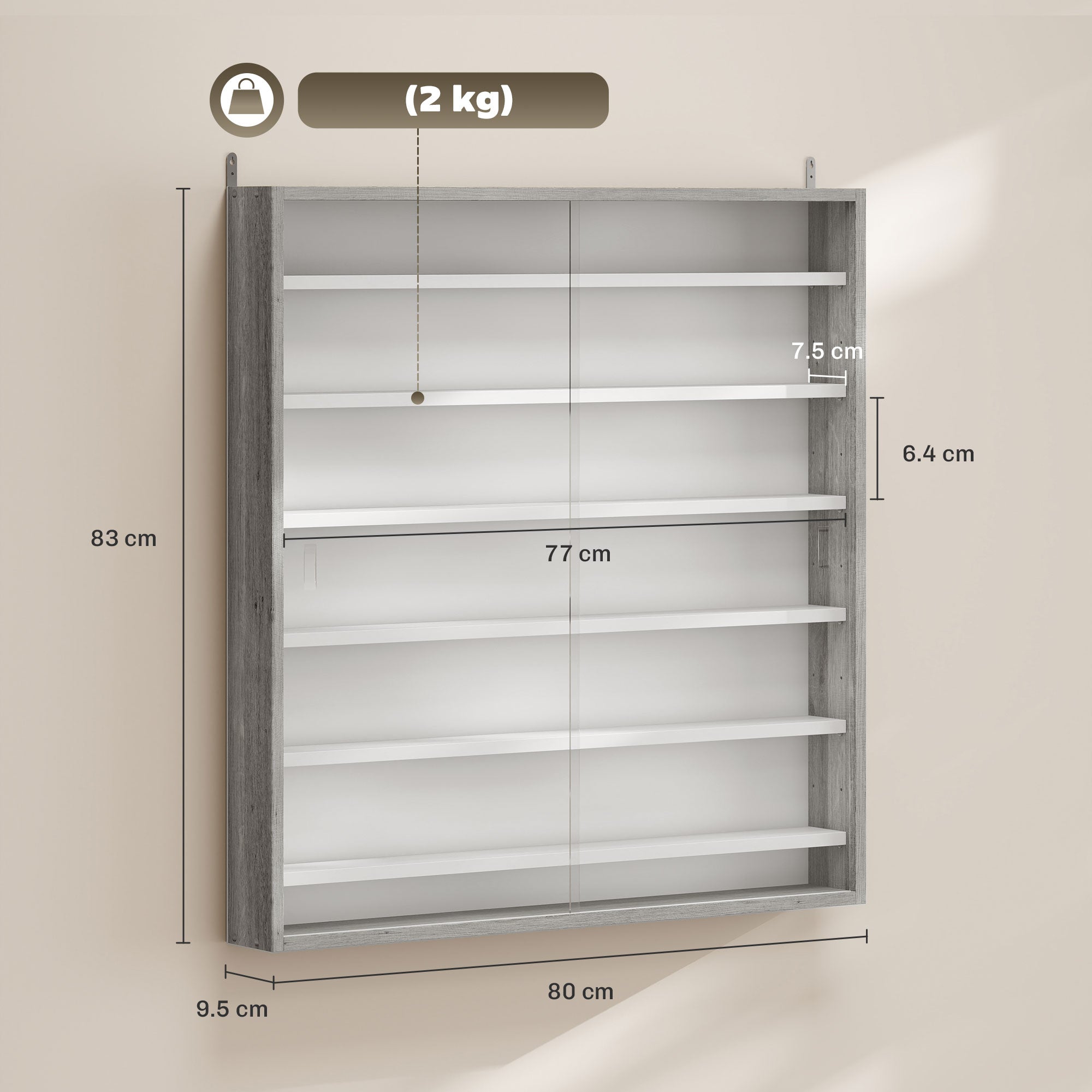 HOMCOM 5-Tier Adjustable Wooden Notice Board with Glass Doors, 80 x 9.5 x 83 cm, White and Grey