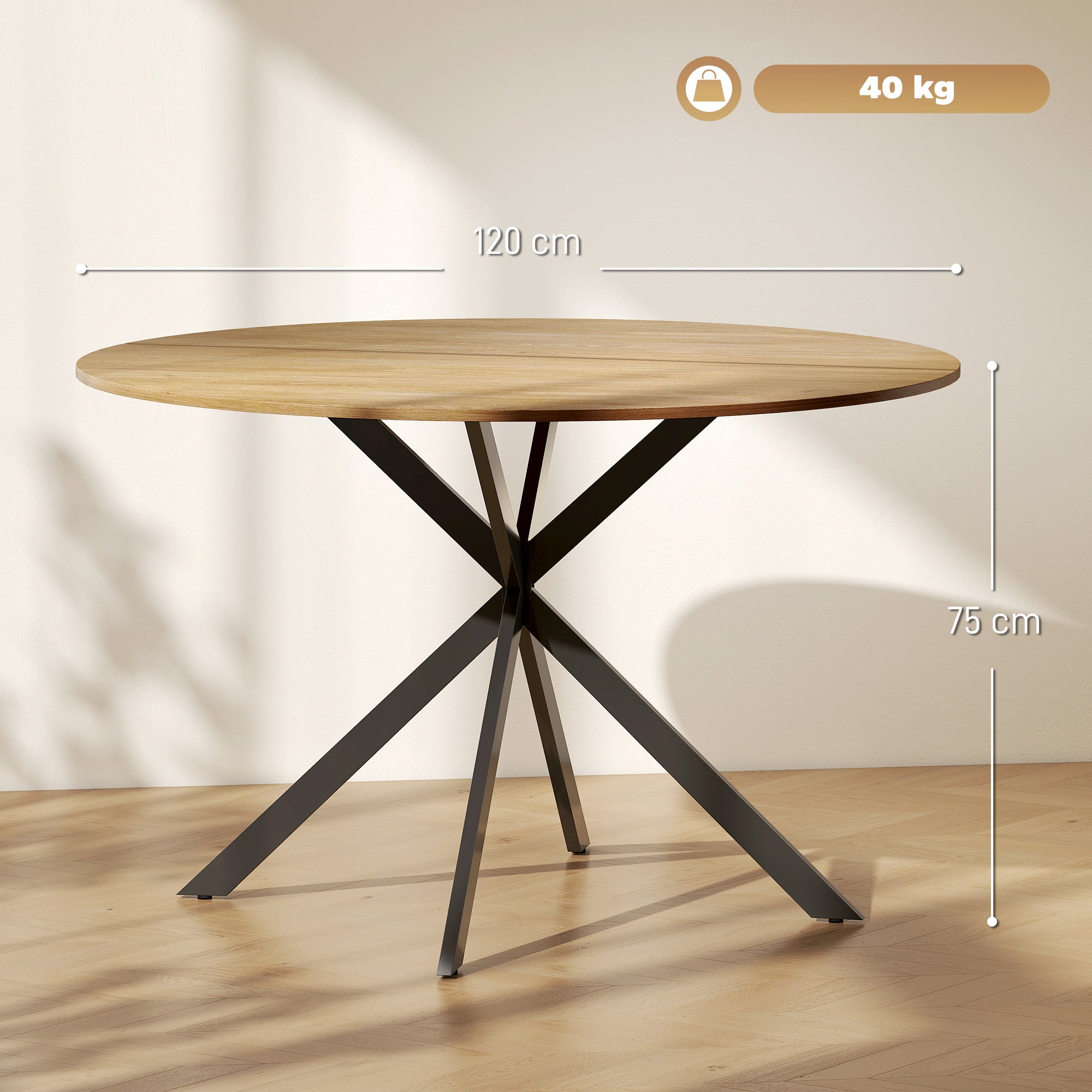 HOMCOM Industrial Style Round Dining Table with Steel Cross Legs, Ø120x75 cm, Oak Color