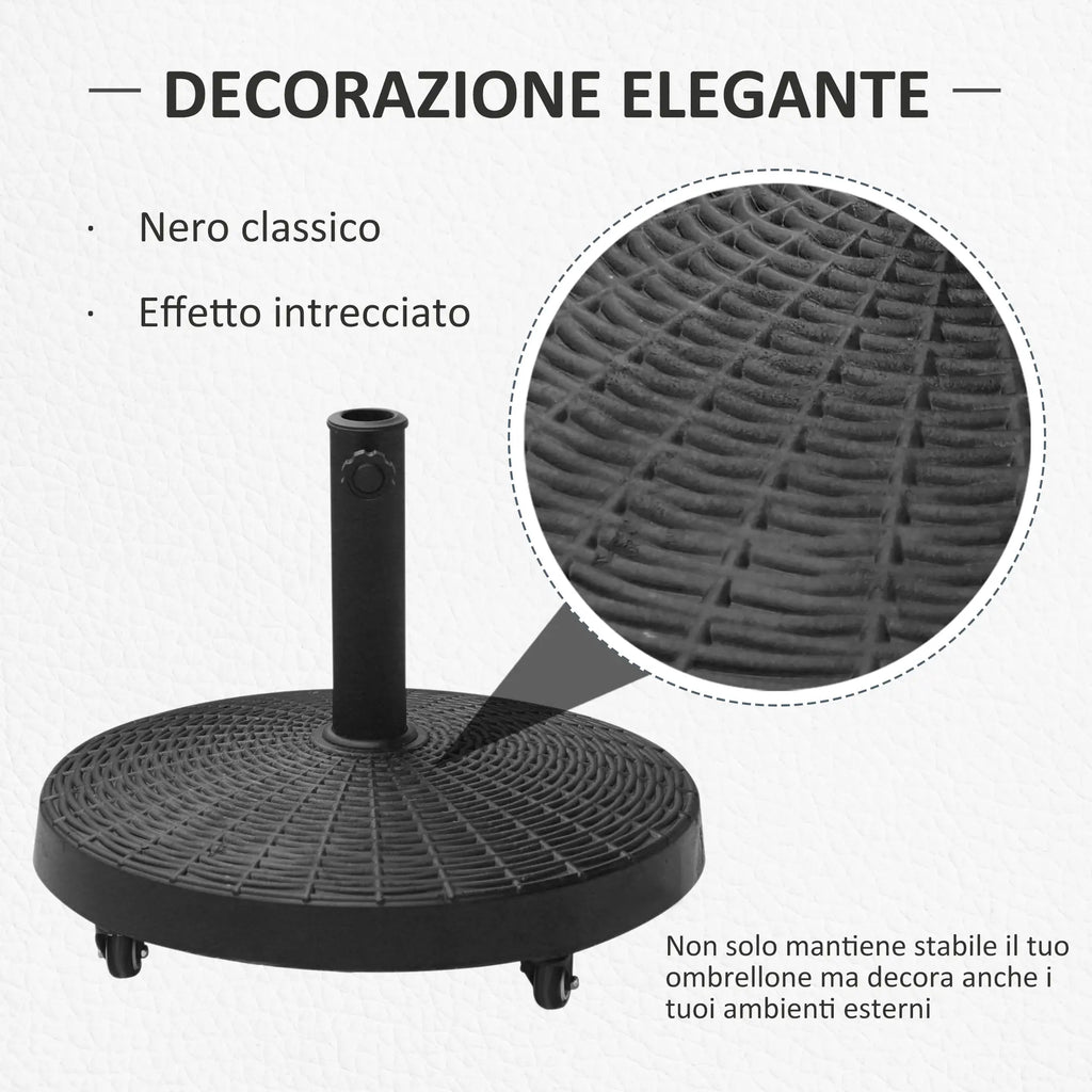 Round Garden Umbrella Base with 4 Wheels and Brakes, Metal and Resin Umbrella Base, for Ø38/48 mm Umbrella Poles, Ø52x41 cm, Black - Borge' Group Limited