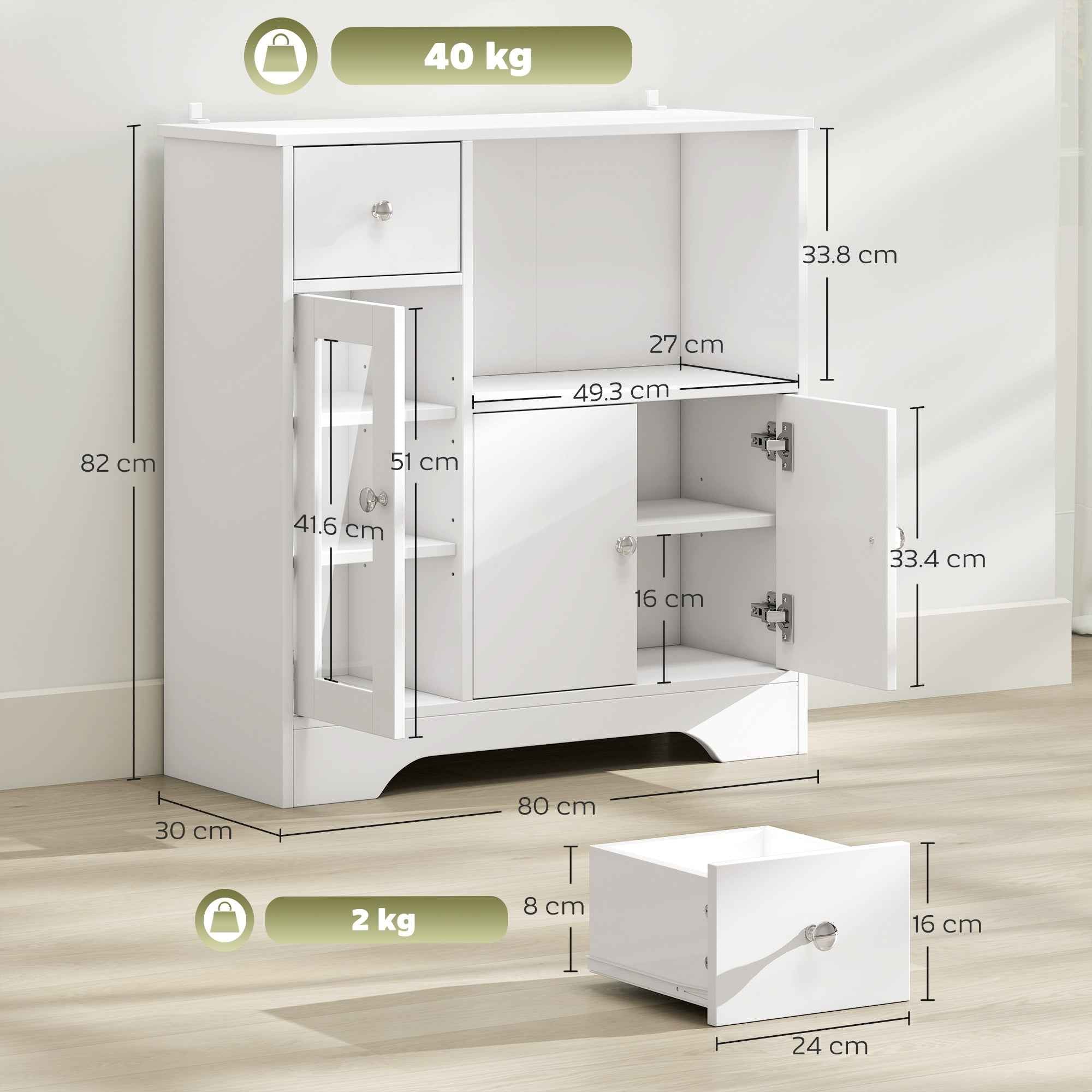 HOMCOM Sideboard Buffet with Open Compartment, Drawer, 3 Shelves and 2-Door Cabinet, Wooden, 80x30x82 cm, White