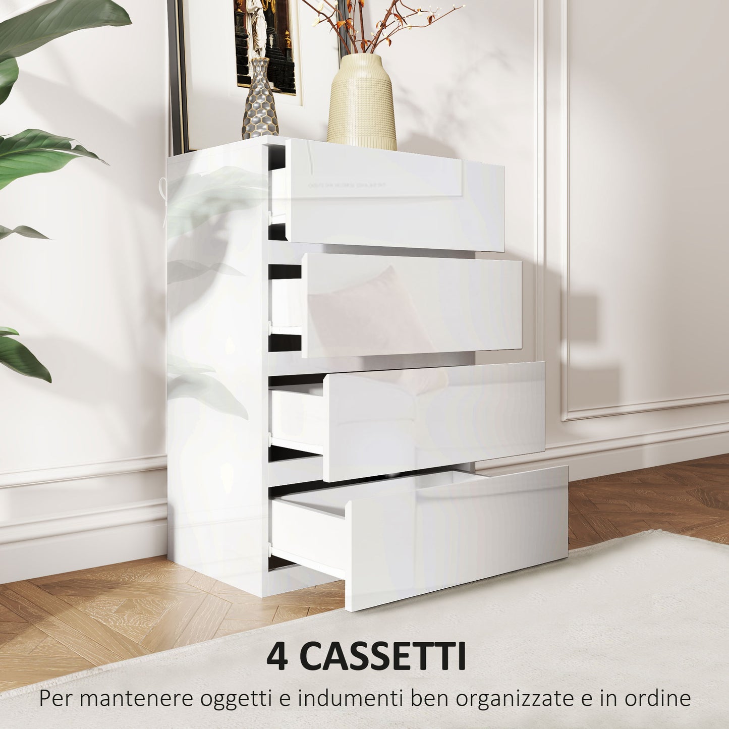 Modern Chest of Drawers 4 Anti-Tip Wooden Drawers, 55x33x80 cm, Glossy White