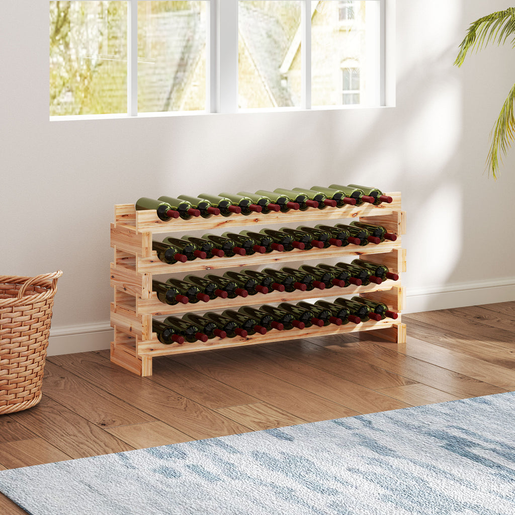 Pine Wood Wine Rack, Wine Cellar with 4 Shelves for 48 Bottles, 114x28x56.5 cm, Wood Color