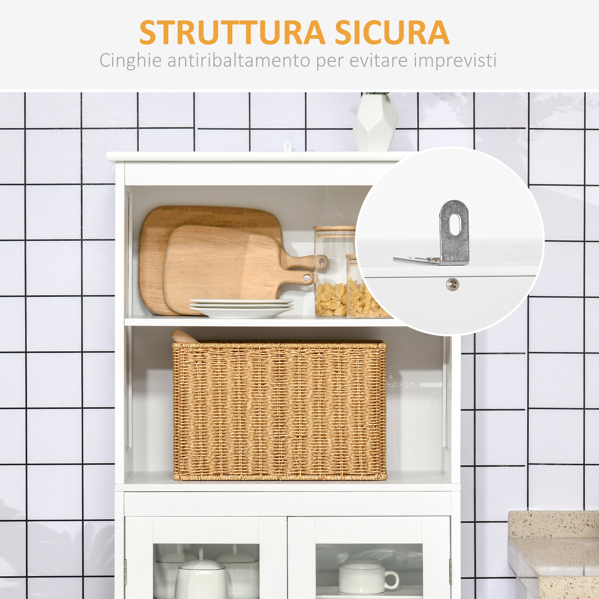 Mobile Pantry with 2 Open Shelves and 2 Cabinets with Doors, in MDF and Glass, 60x30x162 cm, White