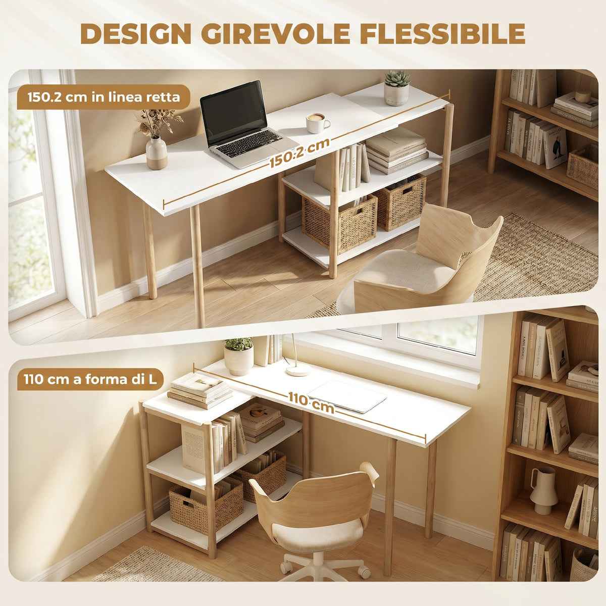 HOMCOM Folding Computer Desk, Space-Saving Writing Desk with Shelves and Bamboo Frame