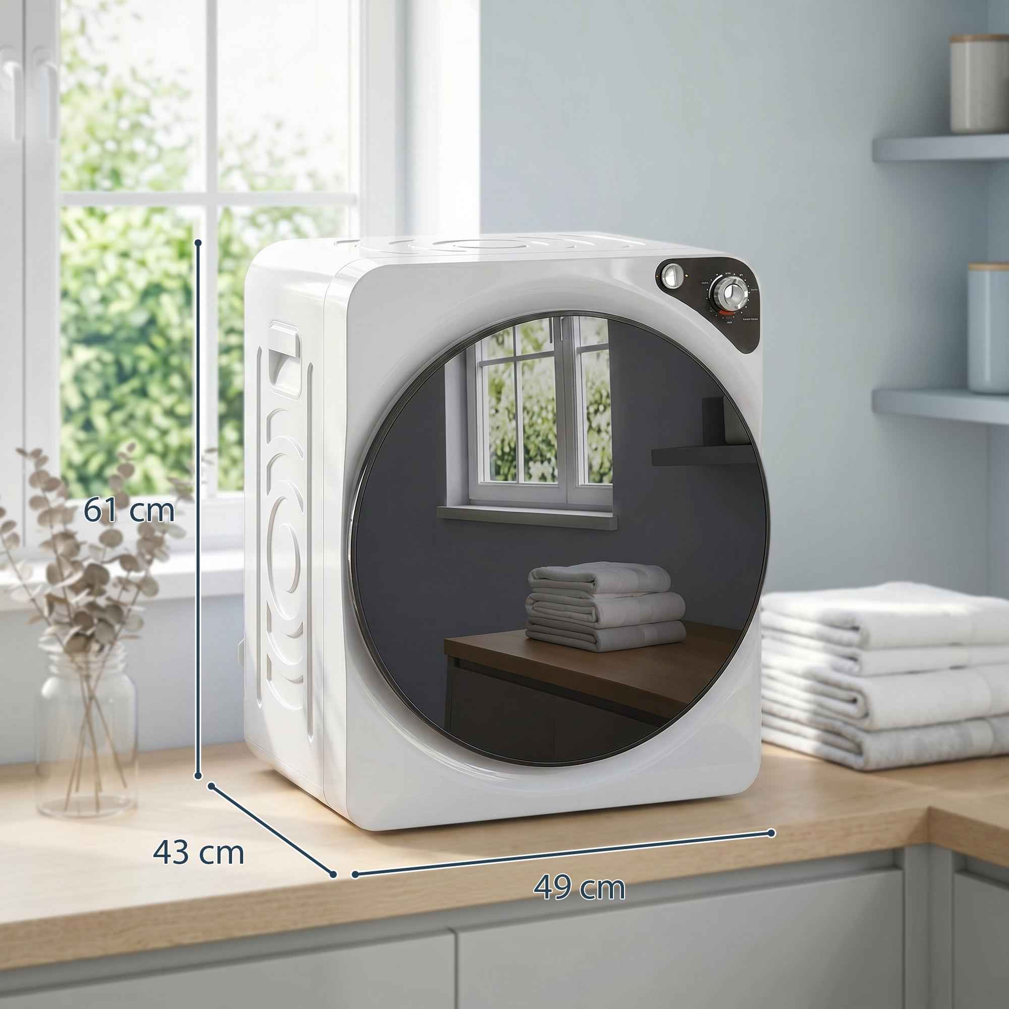 HOMCOM 1000W Portable Dryer with 5 Programs and Timer, in PCM and Stainless Steel, 49x43x61 cm, White