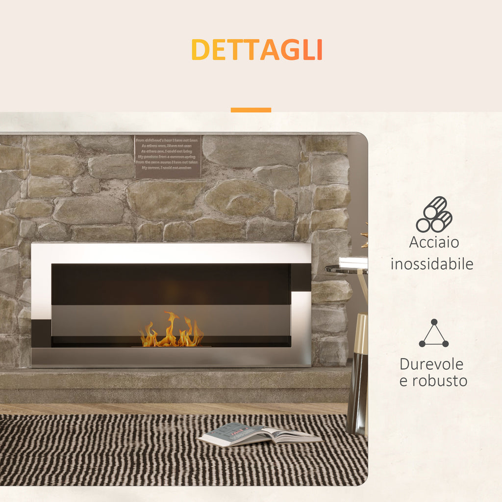 Stainless Steel Bioethanol Fireplace, 2.5h Burn Time with 1.5L Tank and 20m² Coverage, 90x16x40 cm, Silver