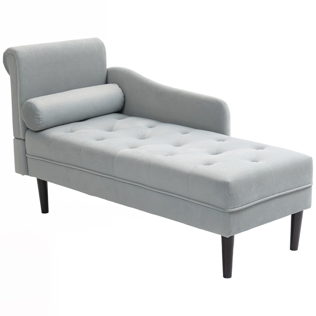 Chaise Longue with Quilted Velvet Effect Covering in Grey, Solid Wood and Sponge, 146x61x82.5 cm