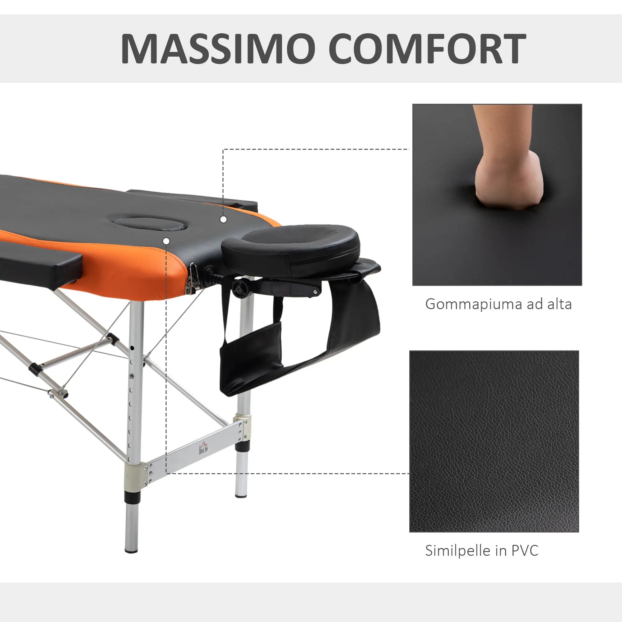 Foldable Massage and Beauty Table / Couch with Adjustable Height, Professional Massage Bed in Aluminum and Plastic, 215x60x61-84 cm, Black and Orange - Borge' Group Limited