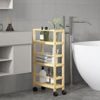3-Tier Bathroom Shelf with Wheels, Bamboo Wood Trolley, 36x15x73 cm, Wood Color