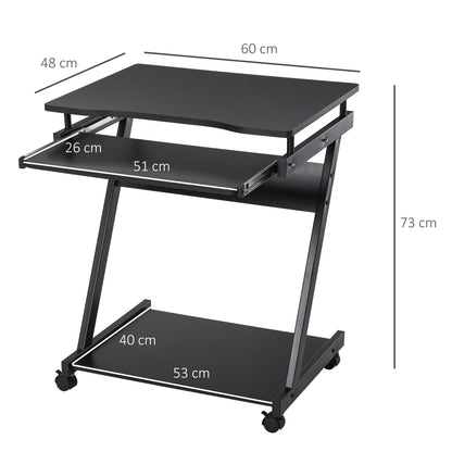 Classic Space-Saving Computer Desk, Kids Bedroom Desk with Retractable Keyboard Tray, 4 Wheels and Lower Shelf, Black 60x48x73cm