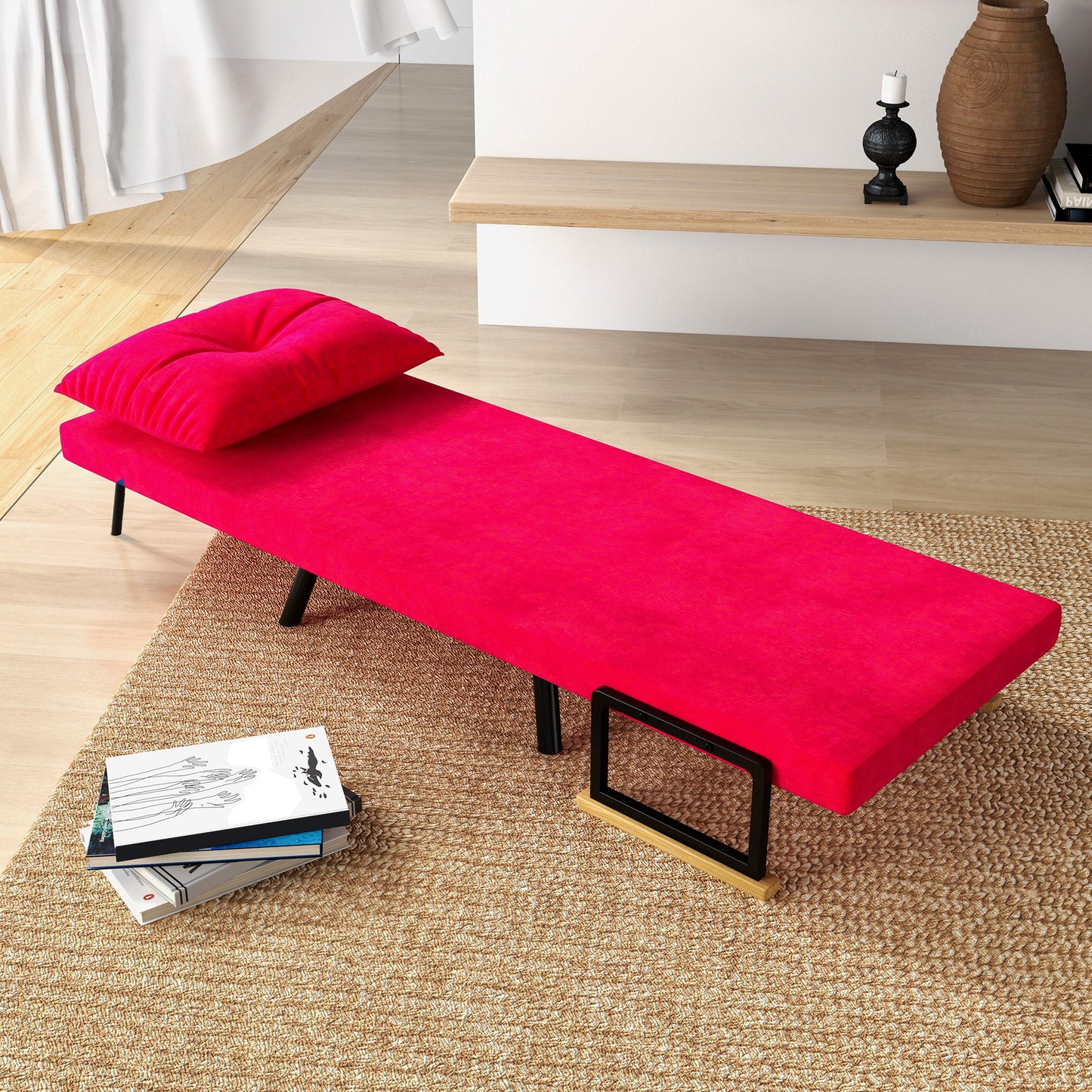 Velvet Red, 3 in 1 Reclining Backrest Sofa Bed with Cushion, Velvet Effect Fabric, 63x73x81 cm, Red