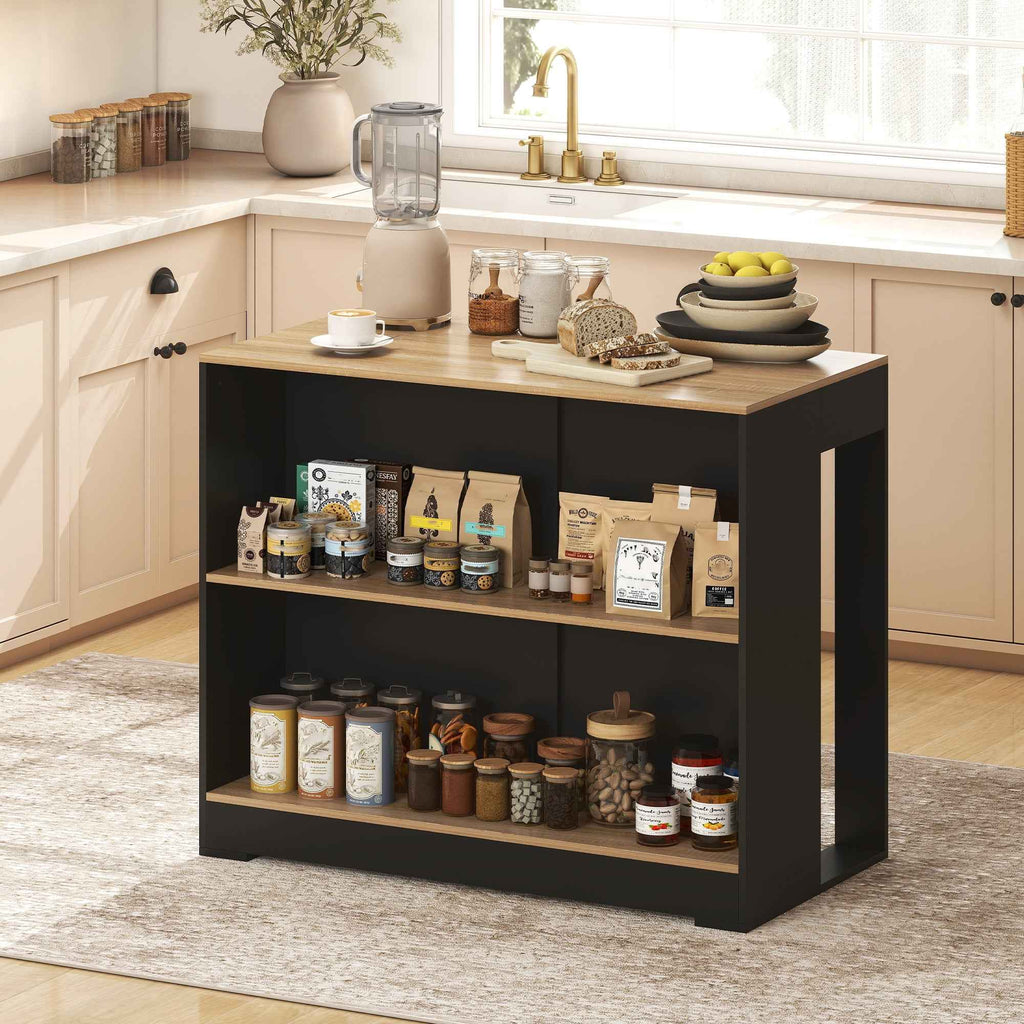 HOMCOM Kitchen Island Bar Counter with 3 Shelves for Living Room and Lounge, 113x60x90 cm, Black and Wood