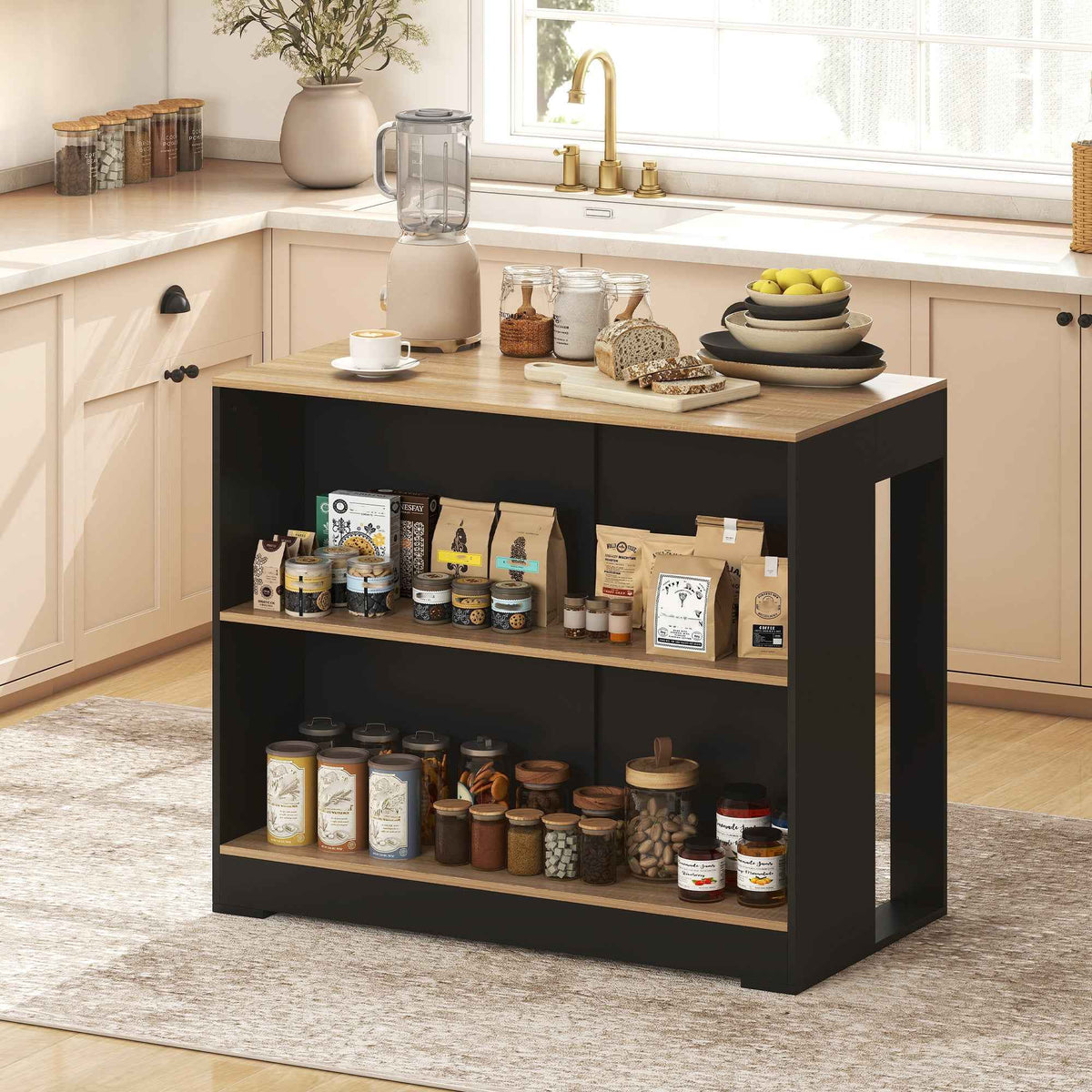 HOMCOM Kitchen Island Bar Counter with 3 Shelves for Living Room and Lounge, 113x60x90 cm, Black and Wood