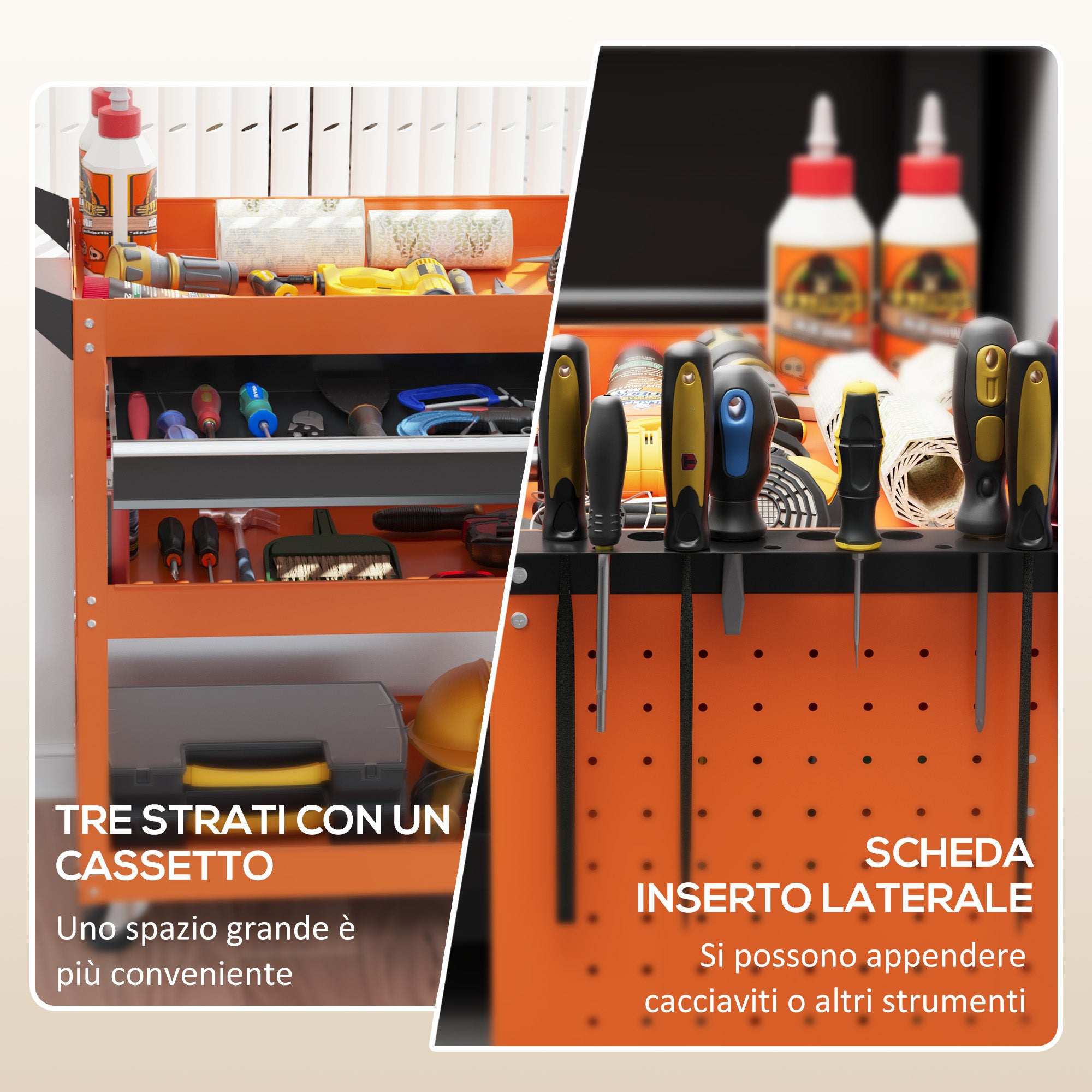 Tool Cart with Side Handle, Drawer and 3 Steel Shelves, 82x35x76 cm, Orange