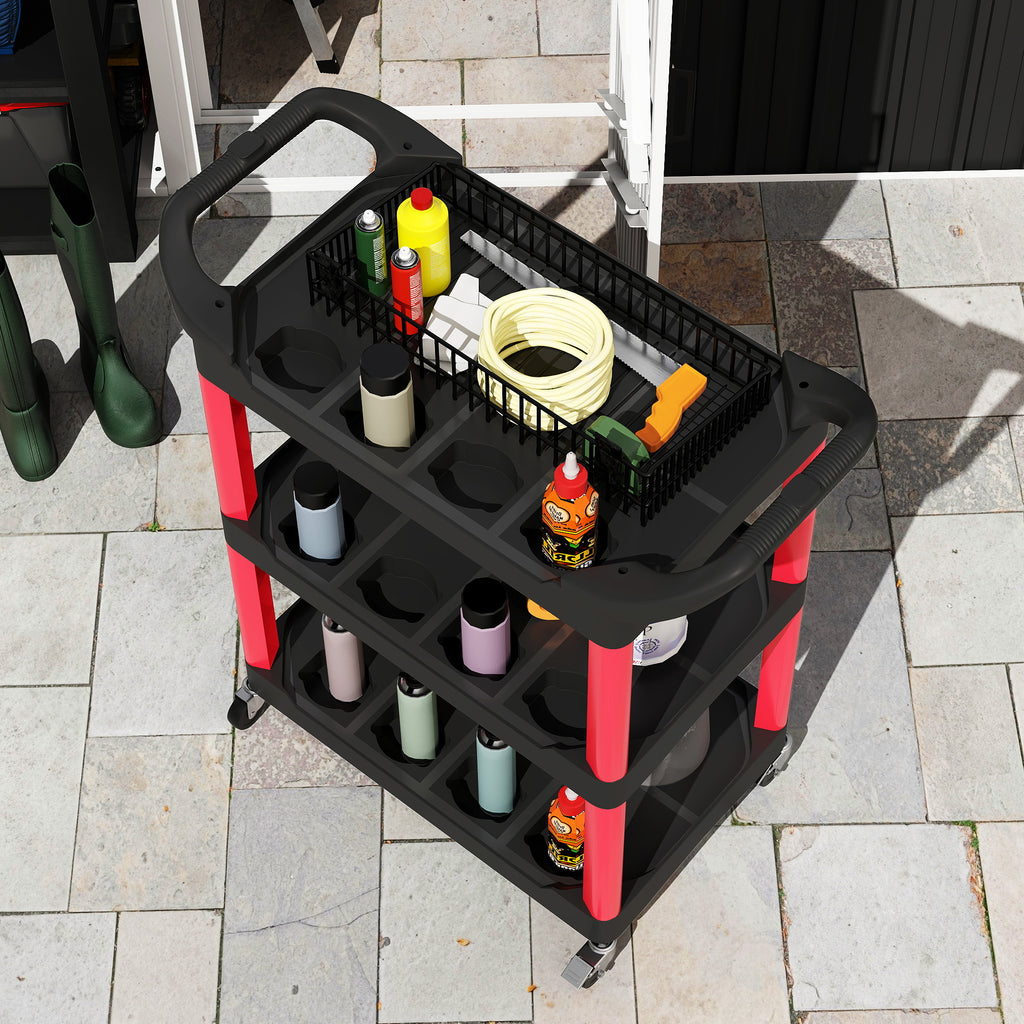3-Tier Plastic Tool Cart with Handles and Wheels, Capacity 91 kg, 83x43x97 cm, Red
