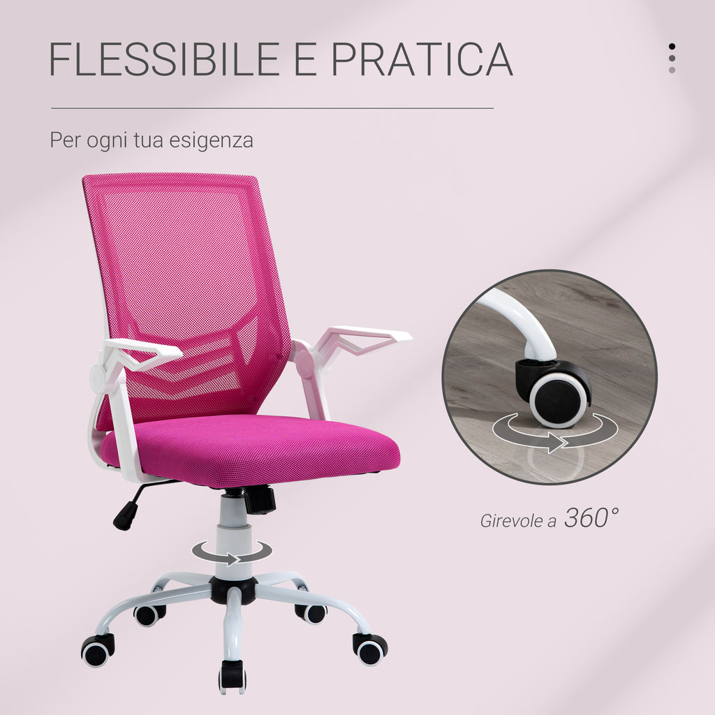 Ergonomic Office Chair with Lumbar Support, Folding Armrests, Breathable Mesh Swivel Desk Chair with Reclining Backrest and Adjustable Height, 120kg Capacity, Pink
