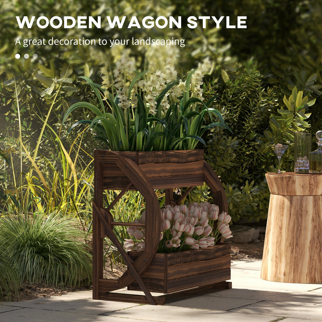 Outsunny Wooden Wood Fioriera at 2 levels with 3 vases and Country style wagon wheels, 55x32x56cm - Borgè