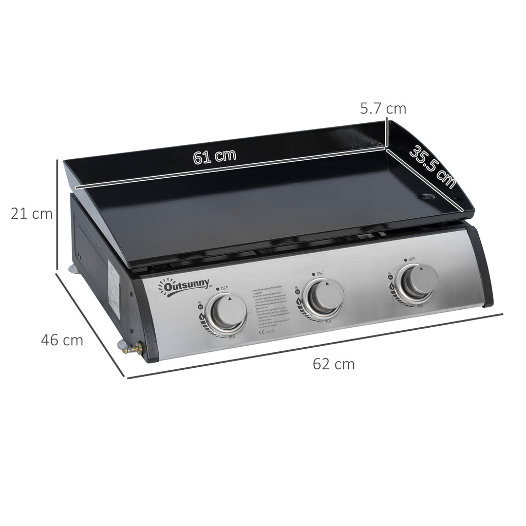 Outsunny Non-Stick Tabletop Gas Barbecue Plate with 3 3kW Burners, 62x46x21cm, Black - Borgè