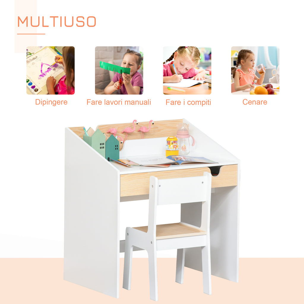 Children's Desk and Chair Set with Drawer and Shelf, Rounded Edges, Ages 6-10, White and Wood