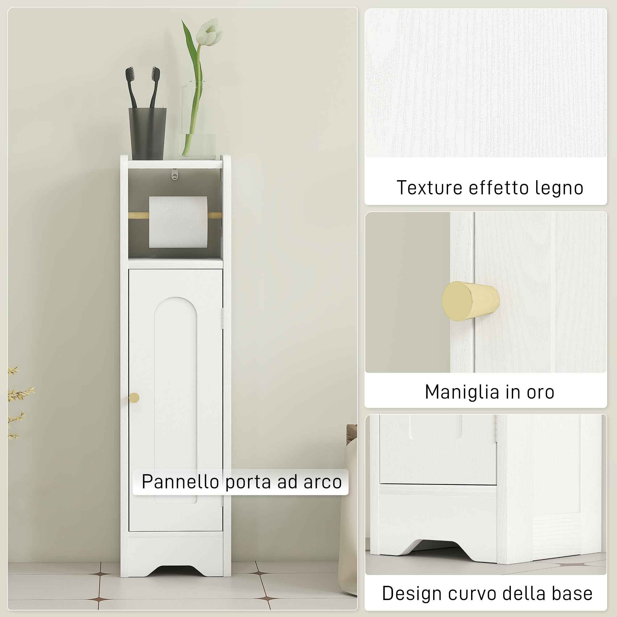 HOMCOM Wooden Toilet Paper Holder Cabinet with Adjustable Internal Shelf, 21x20x79 cm, White
