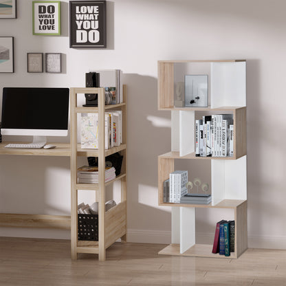 Modern Design Bookcase 4 shelves in Natural Wood and White, 60x24x148cm - Borgè