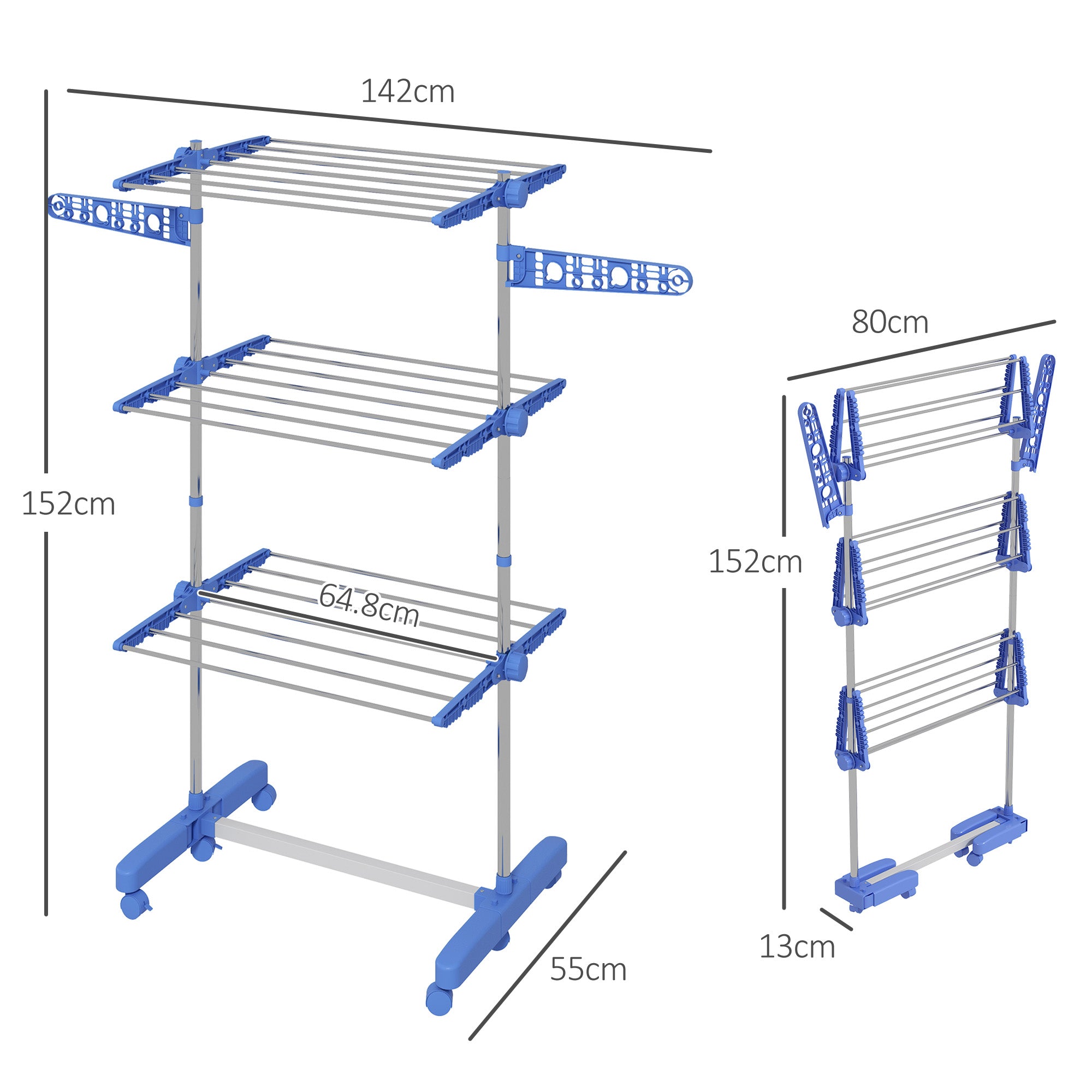 Vertical Drying Rack with 3 Adjustable Shelves, in Steel and Plastic, 142x55x152 cm, Blue and Silver