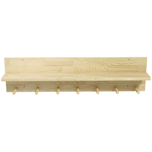 HOMCOM Wall Shelf in Fir Wood with 7 Hooks for Entrance and Living Room, 80x12x20 cm