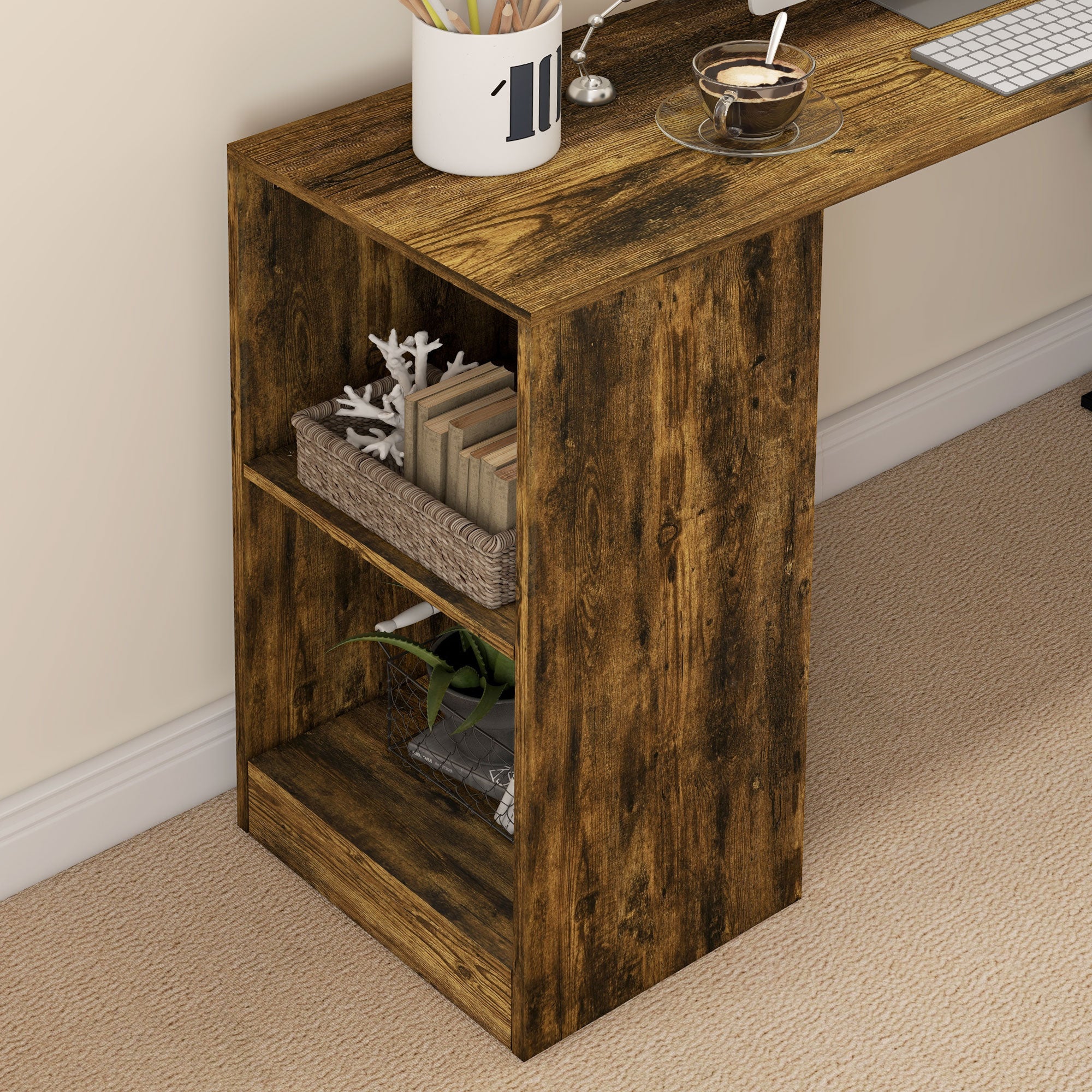 Space-Saving Corner Desk with S-Shaped Shelf, Wooden, 140x120x78 cm, Brown and Black