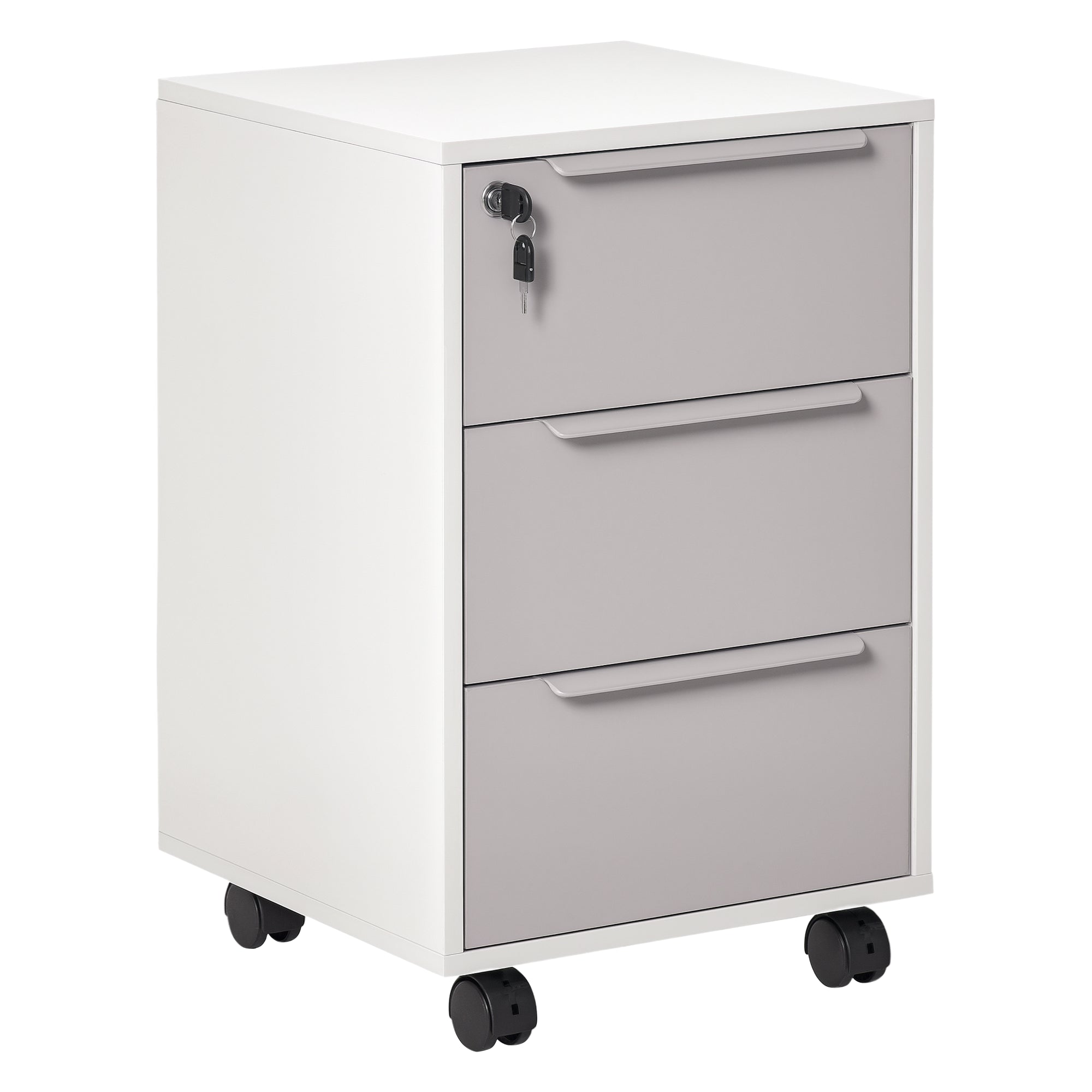 3-Drawer Office Filing Cabinet with Security Keys and 4 Wheels, Wooden, 40x40x63.5 cm, White and Grey