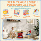 Children's Table and Chair Set 3-7 Years with 2 Chairs and Table with 4 Containers, in Wood and PP, Wood Color