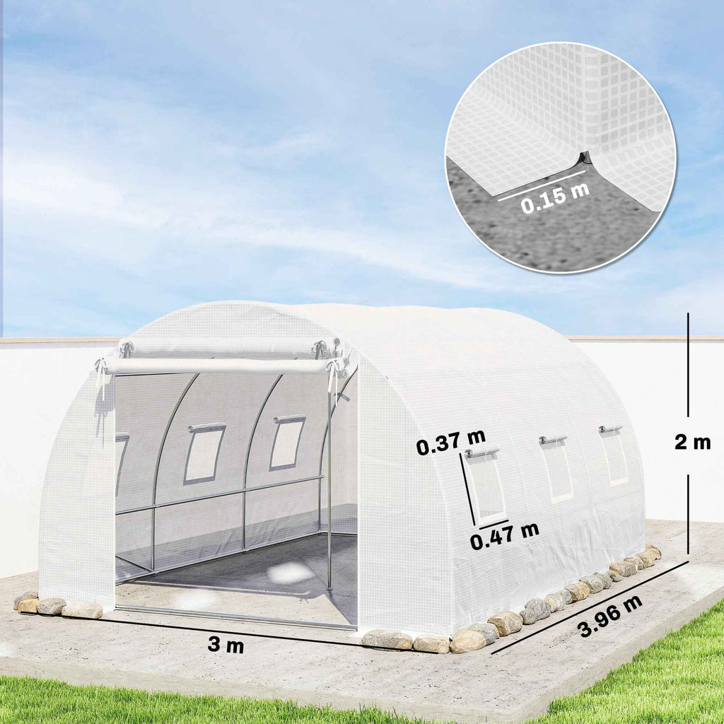 Outsunny Tunnel Greenhouse with 2 Removable Poles and Mesh Doors and Windows, in Galvanized Steel and PE, 396x300x200 cm, White