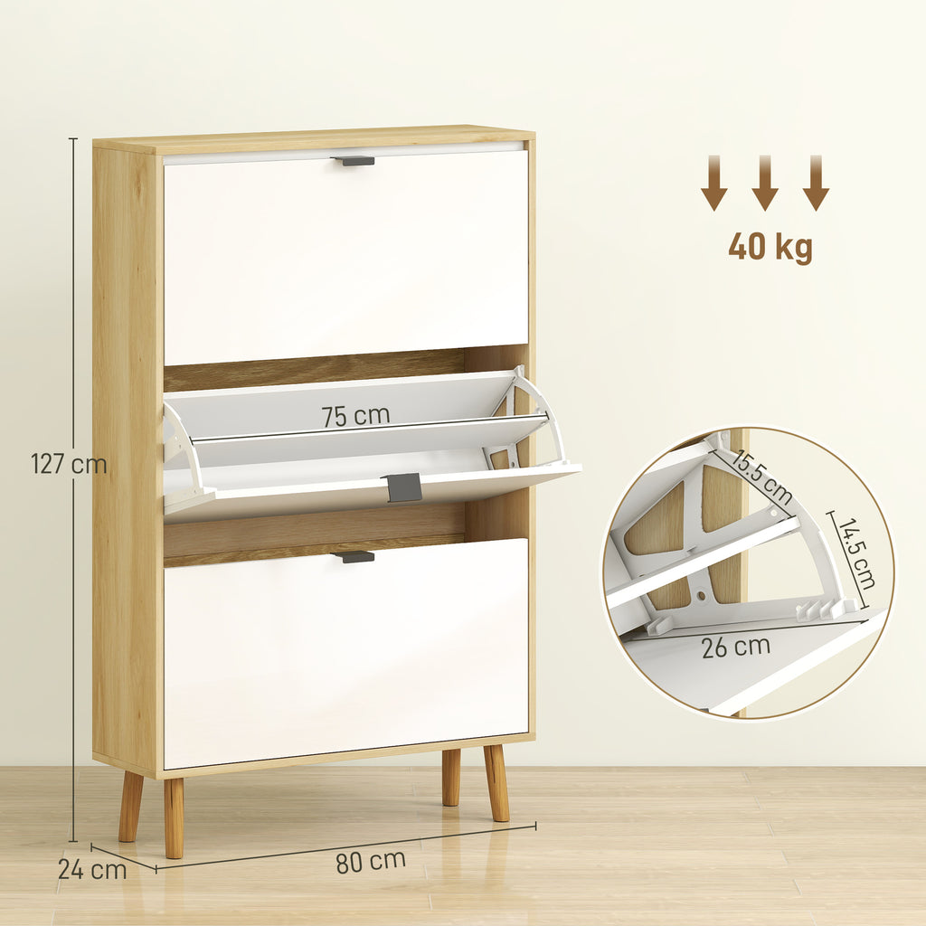 Slim Modern Shoe Rack with 3 Tilting Drawers for 24 Pairs of Shoes, 80x24x127 cm, White