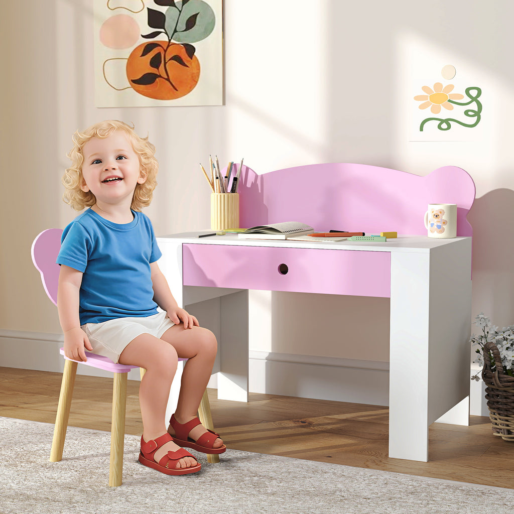 Children's Desk Set with Drawer and Chair with Teddy Backrest, Ages 3-8 Years, Pink