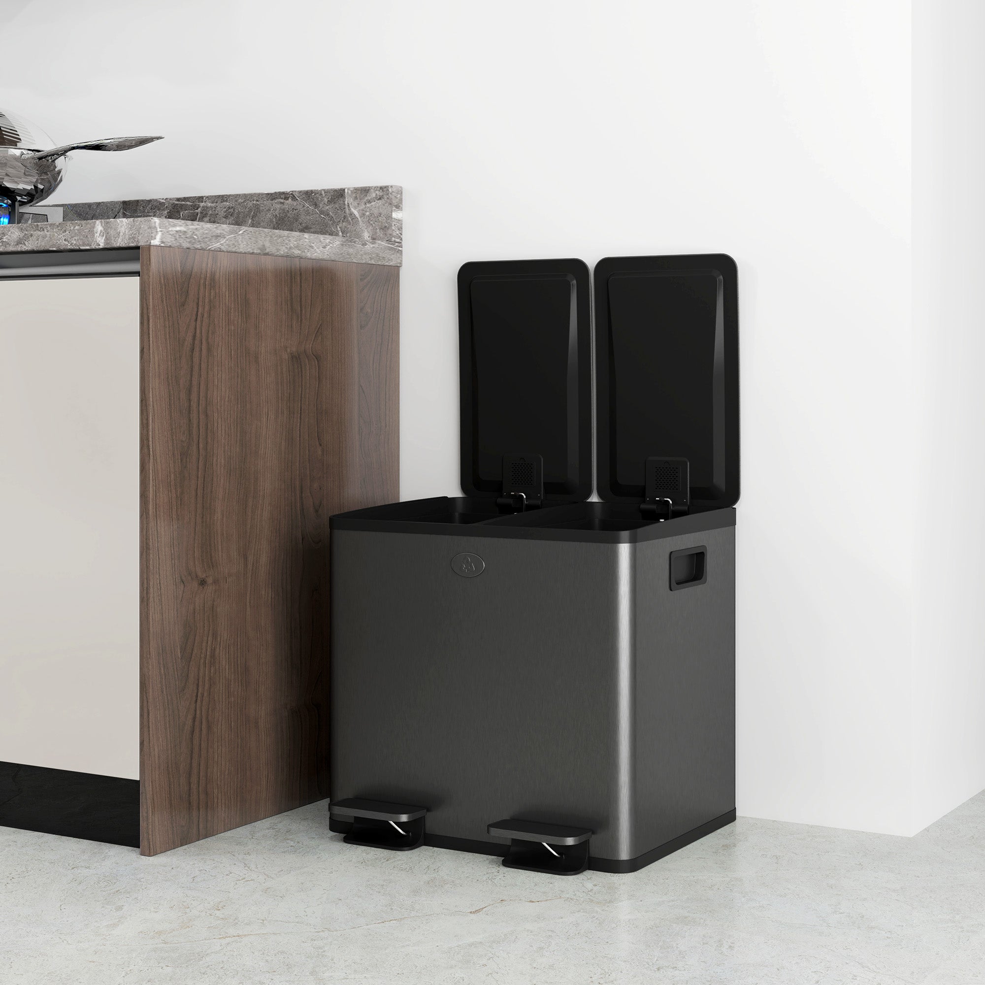 15L 2-Section Rubbish Bin with Silent Closure, Stainless Steel and PP, 41.7 x 36.6 x 43.2 cm, Black