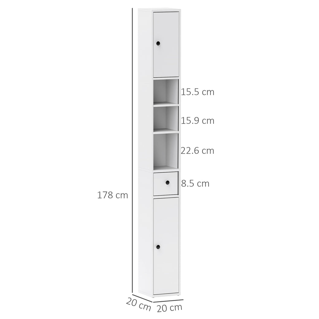 Space-Saving Bathroom Column with 2 Cabinets, 3 Open Shelves and Drawer, in Wood, 20x20x178 cm, White