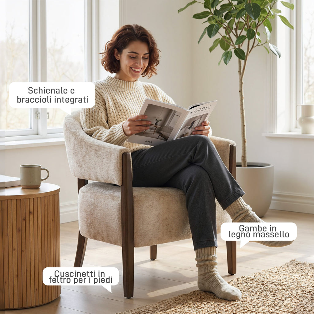 HOMCOM Chenille Upholstered Bedroom Armchair with Solid Wood Frame and Legs, Beige