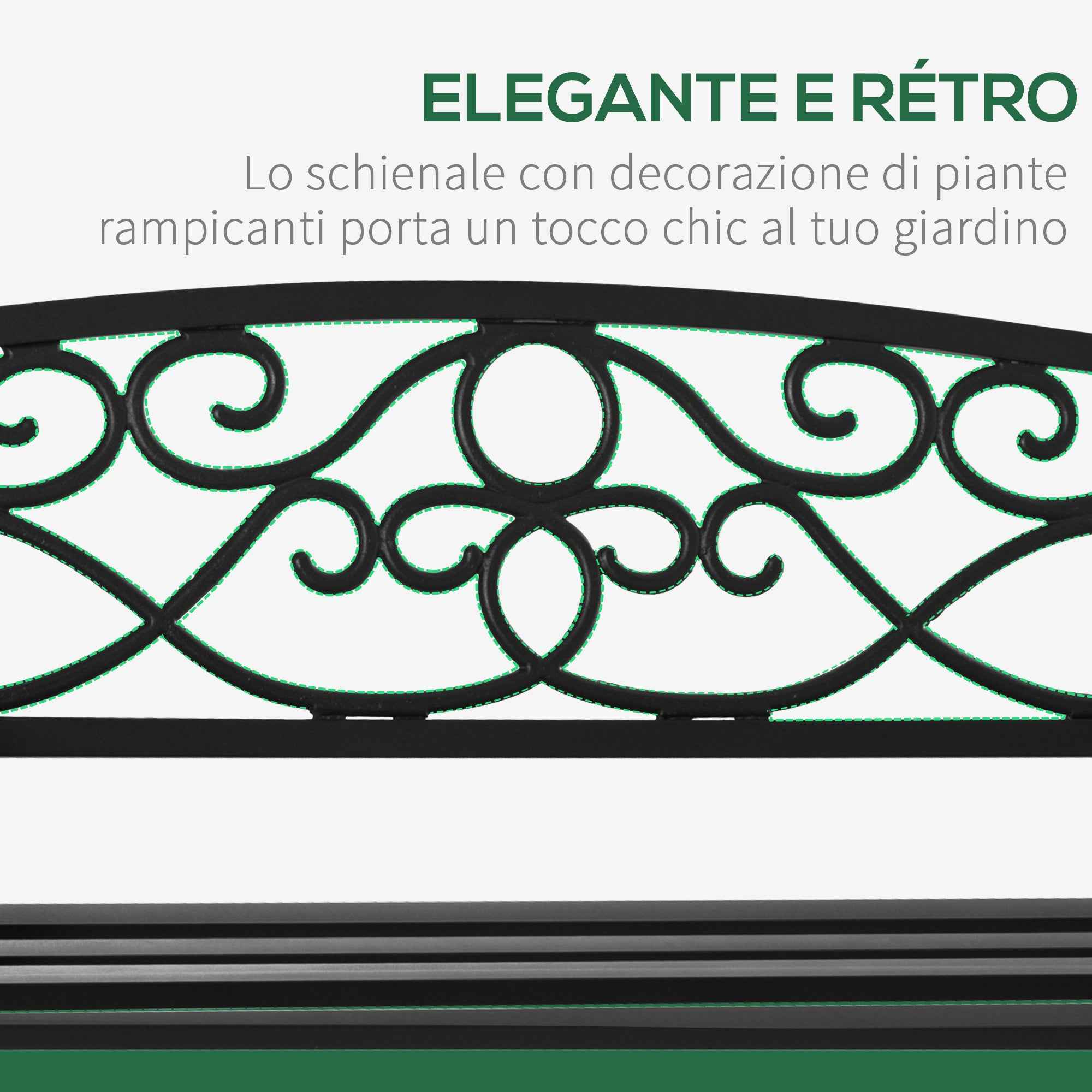 Outsunny 2-Seater Steel and Cast Iron Garden Bench with Armrests and Decoration, 128x58.5x85cm, Black