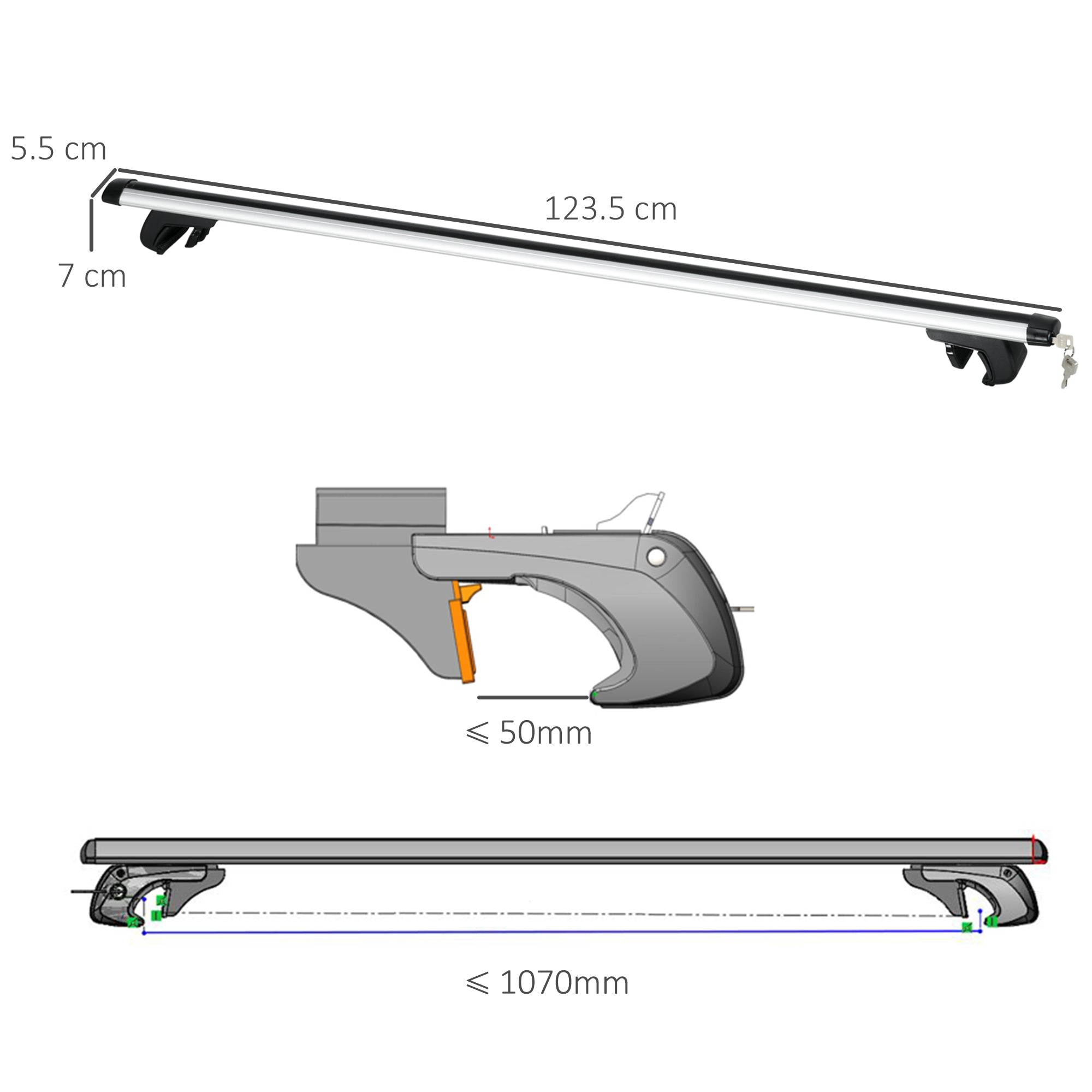 Car Roof Rack with Lock and Keys, Aluminum Alloy, 125 x 5.5 x 7 cm, Max. 75 kg