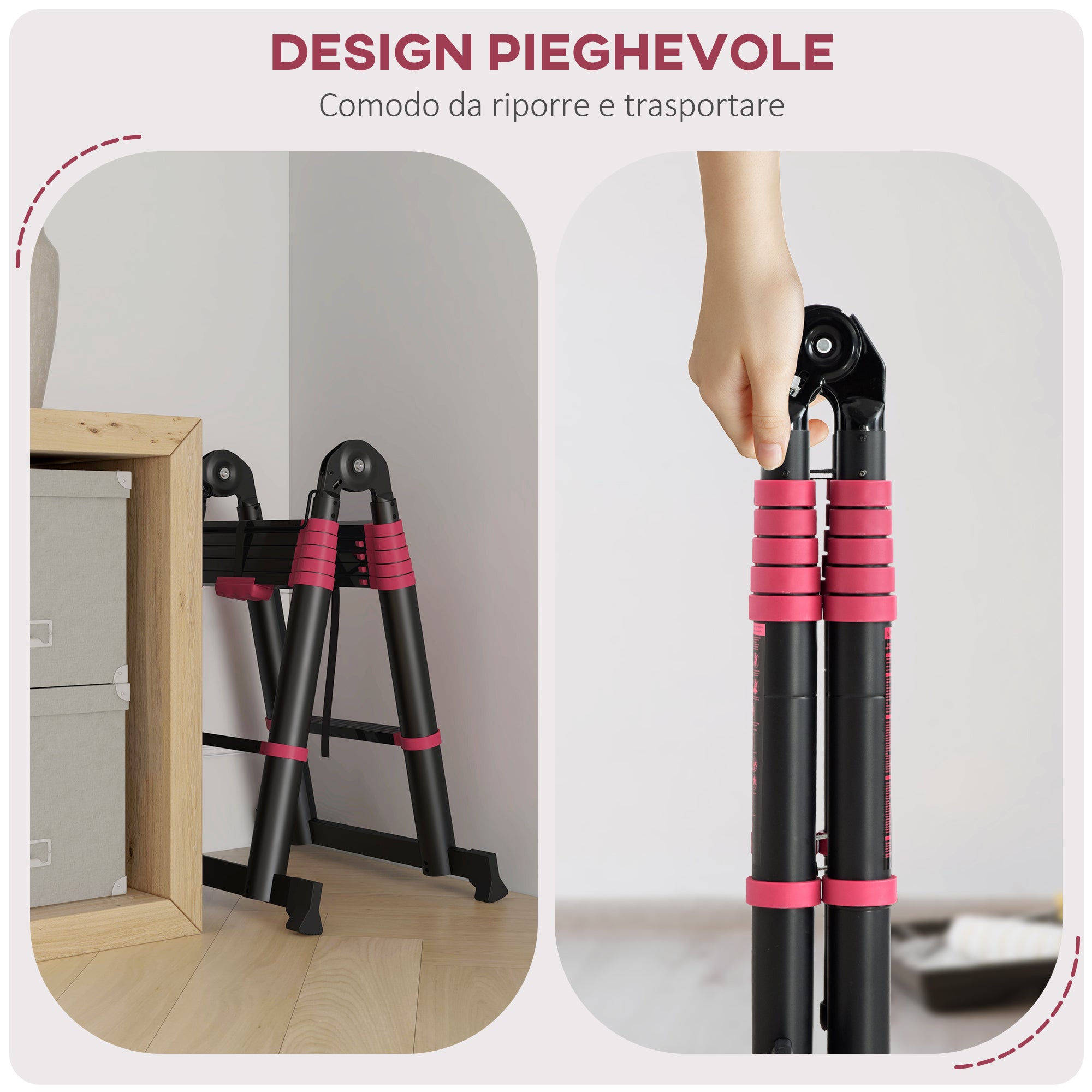 12-Step Folding Telescopic Ladder, Aluminum and Nylon, 379 x 67.5 x 11 cm, Black and Red