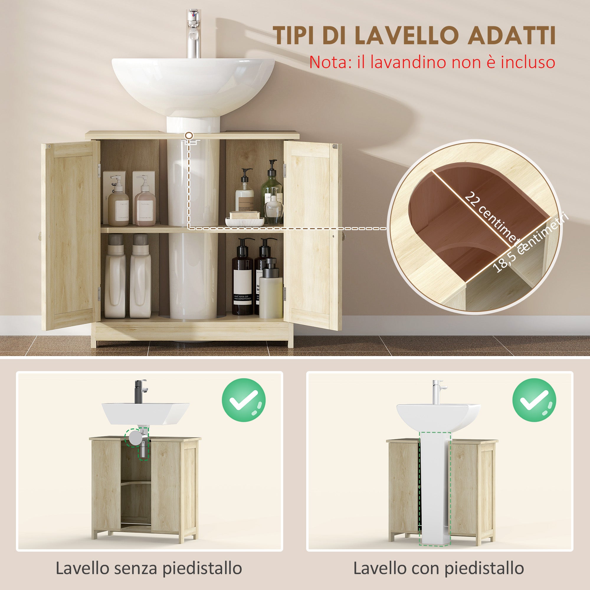 kleankin 2-Door Vanity Unit with Adjustable Shelf and U-Shaped Cutout, 60x30x60 cm, Oak