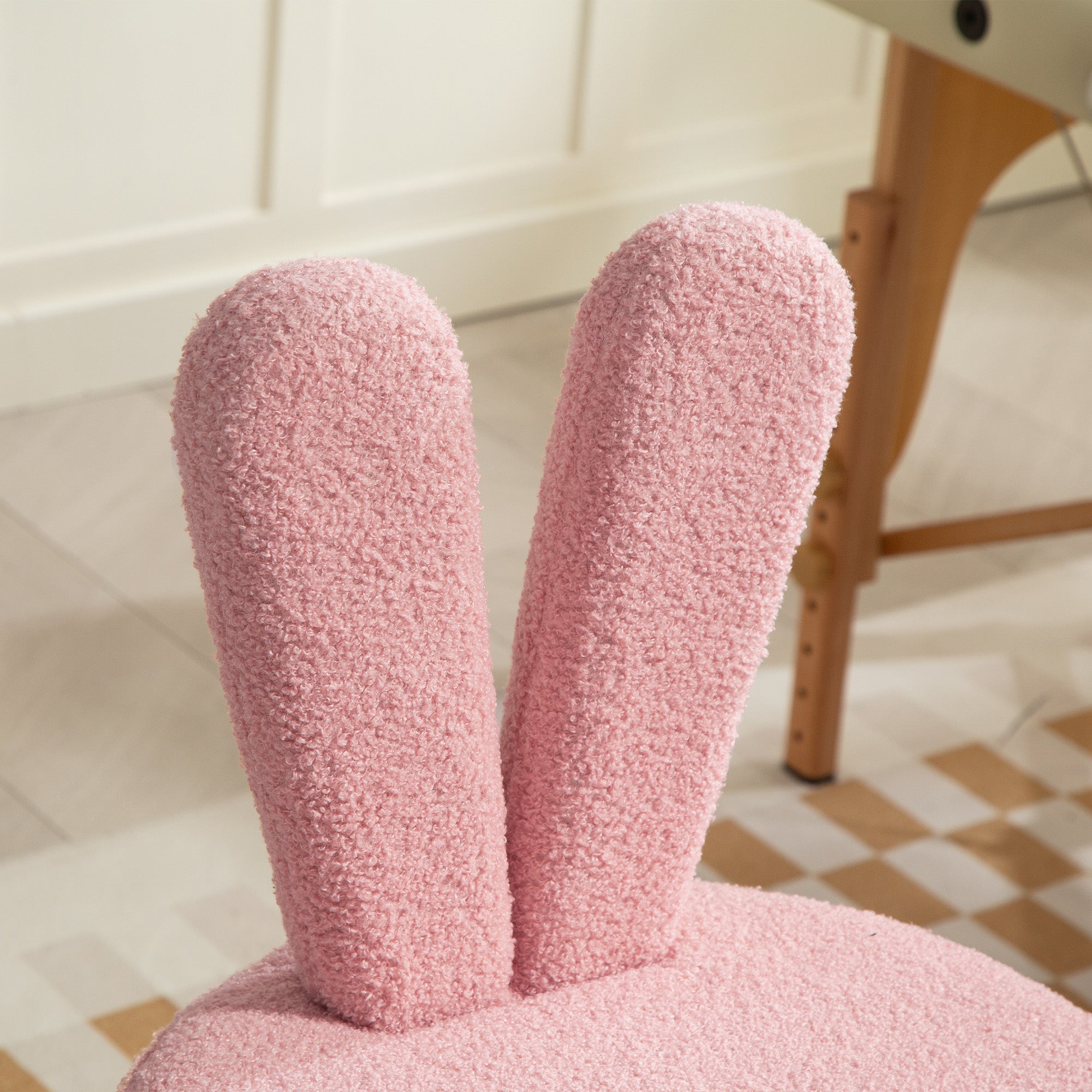 Height-Adjustable Rabbit Ear Desk Chair with Teddy Fleece Cover, Pink, 53x53x70-84 cm