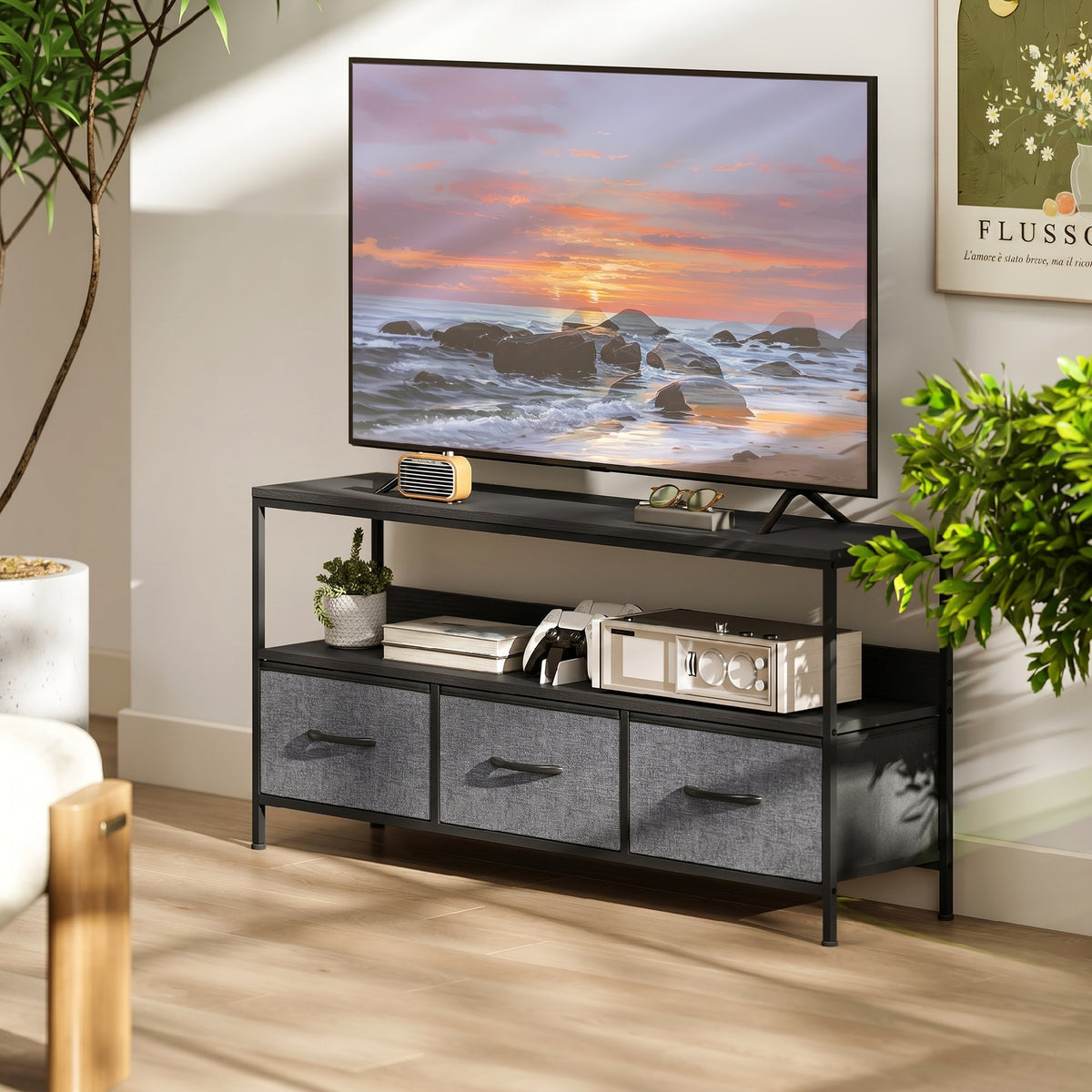 HOMCOM 55" TV Stand with Folding Fabric Drawers and Metal and MDF Shelf, 120x29x56cm, Black