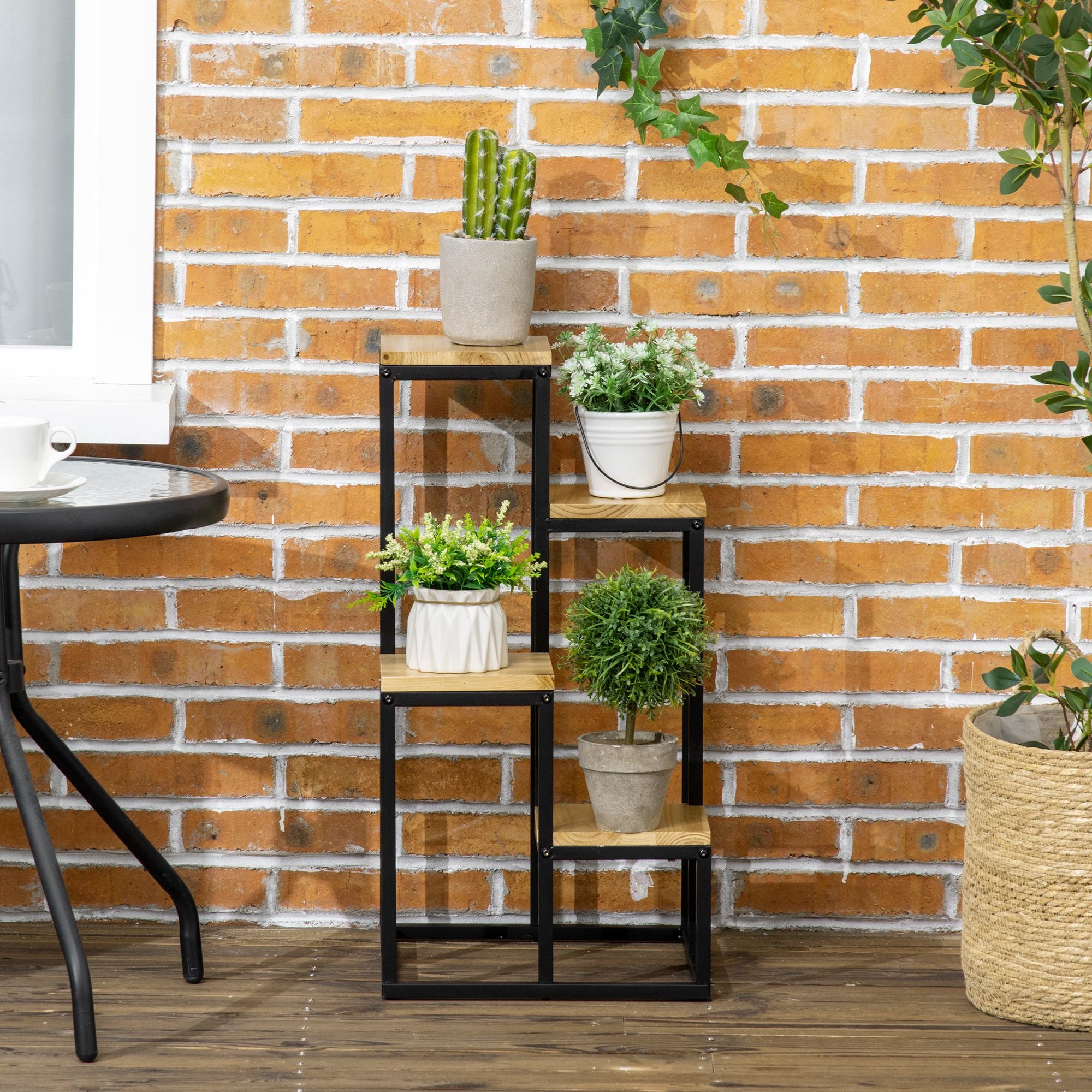 4-Tier Metal and Wood Plant Shelf for Indoor and Outdoor, 34x34x66cm