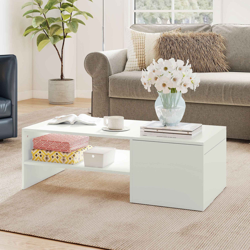 HOMCOM Wooden Coffee Table with Sliding Top and Open and Retractable Shelf, 110x52x36 cm, White