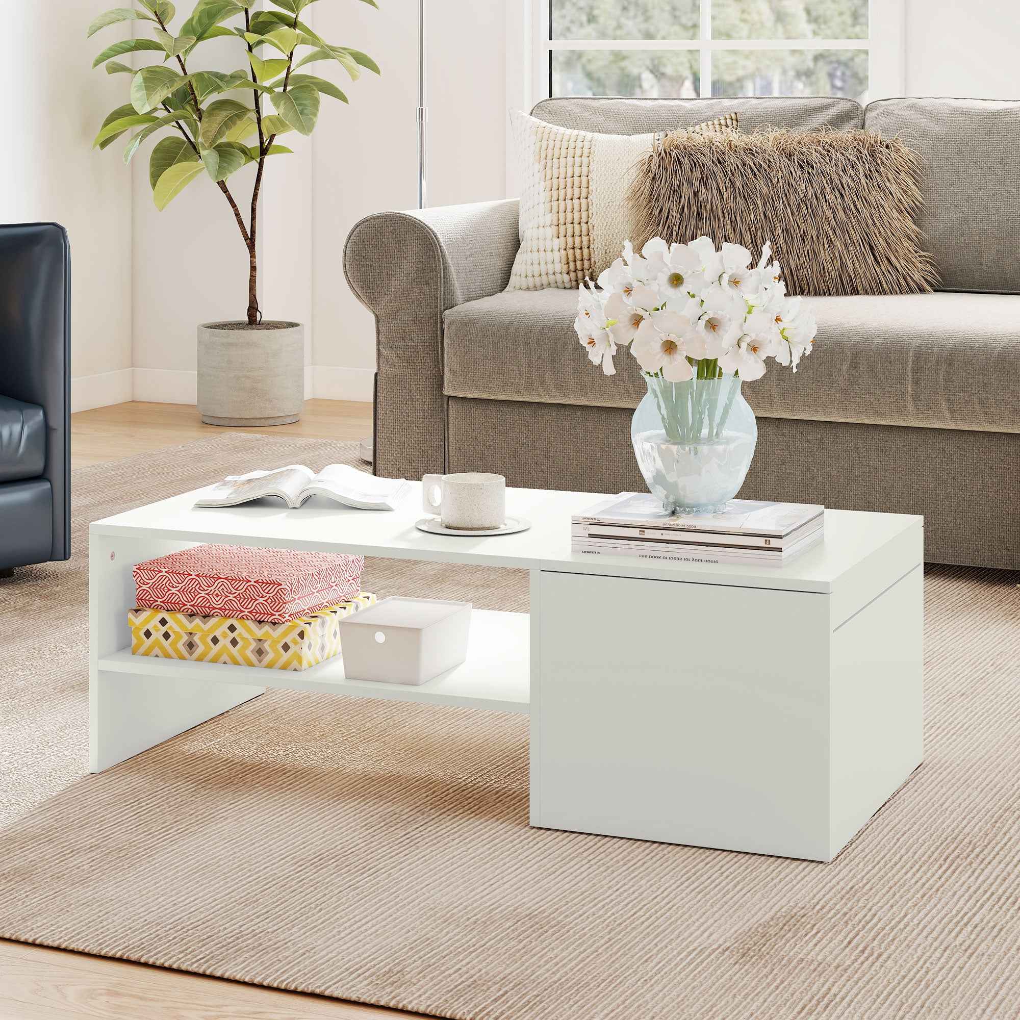 HOMCOM Wooden Coffee Table with Sliding Top and Open and Retractable Shelf, 110x52x36 cm, White