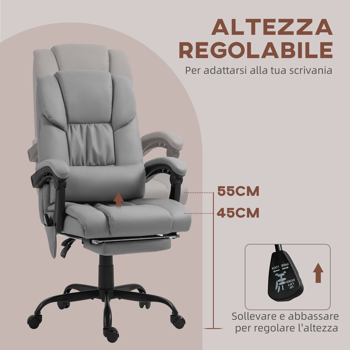 Massage and Recliner Chair with Footrest, in Faux Leather and Steel, 66x75x112-122 cm, Grey