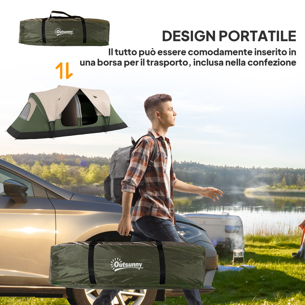 6 Person Camping Tent with 2 Separate Rooms, Polyester and Fiberglass, 450x215x180 cm, Dark Green